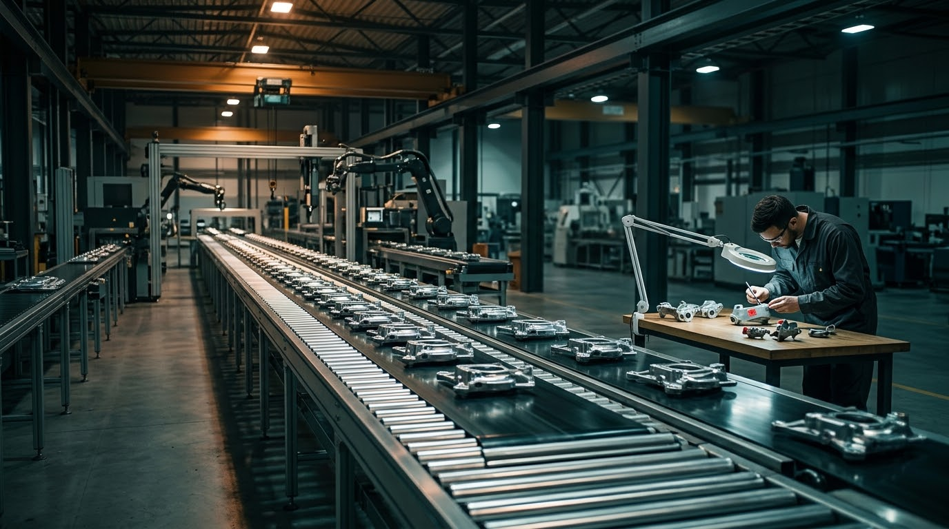 A fast automated production line of finished-looking parts, with one engineer at a workbench inspecting them under a magnifier